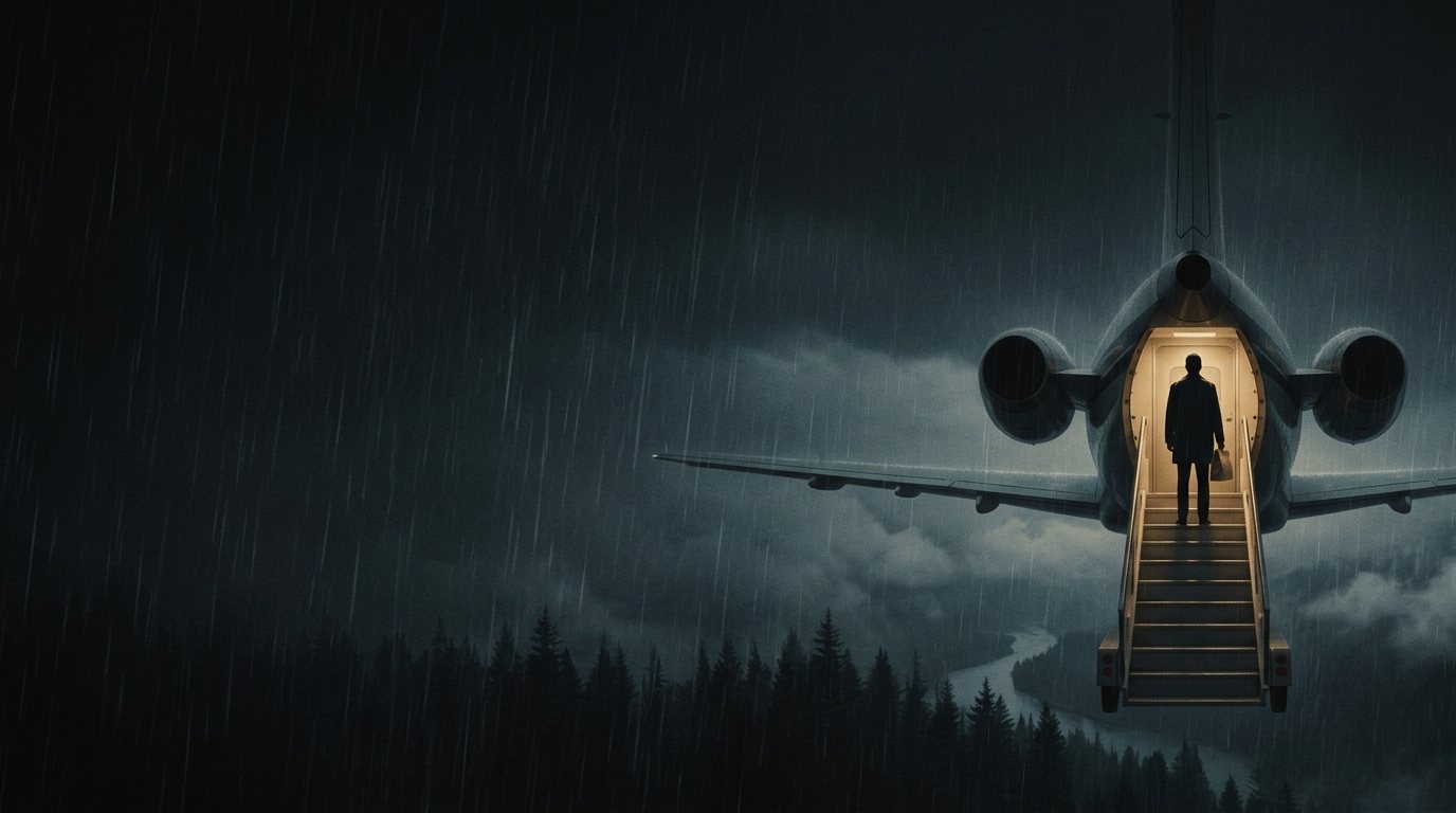 A man in a dark suit at the top of an airliner's rear stairs, in rain at night