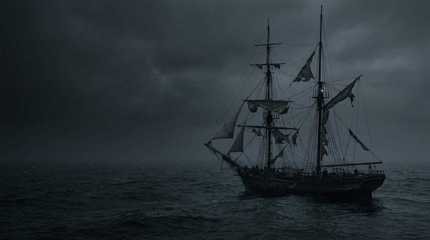 A two-masted sailing ship with torn sails drifting alone on a dark Atlantic swell