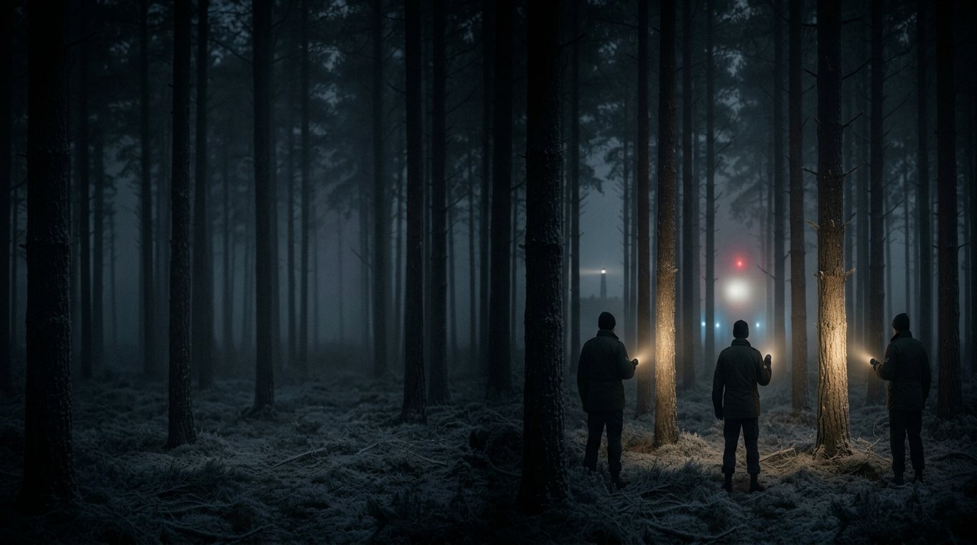 Three airmen with torches in a frosty pine forest at night, facing a glowing light
