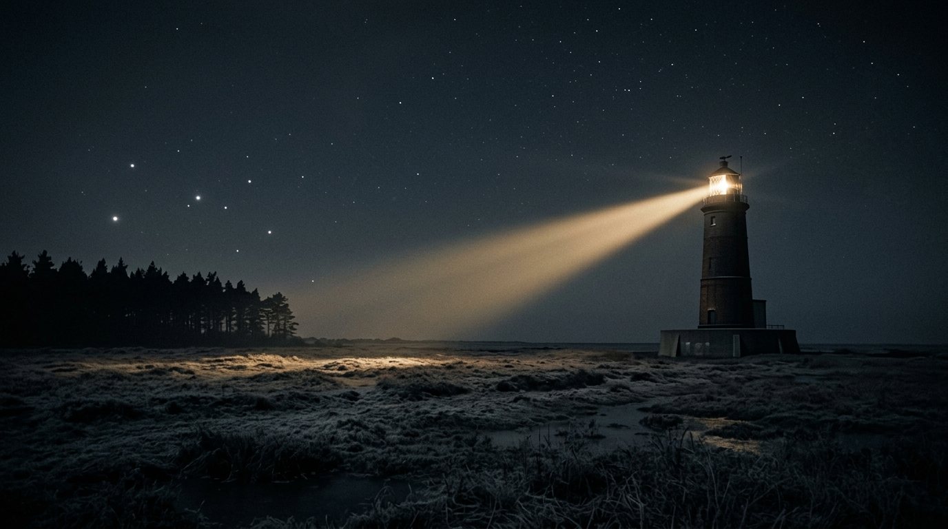 An illustration of a lighthouse beam sweeping across marshland towards a forest at night